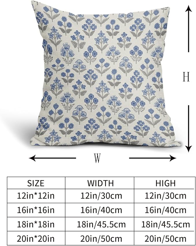 Blue Grey Gray Floral Block Print Pillow Covers 16x16 Inch Set of 2, Vintage - Image 5