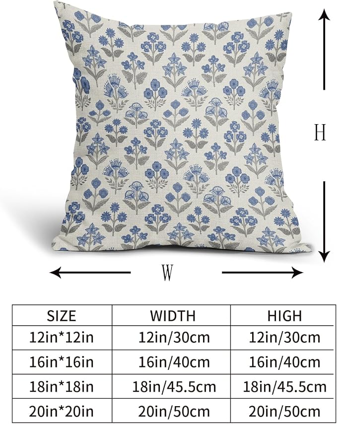 Blue Grey Gray Floral Block Print Pillow Covers 18x18 Inch Set of 2, Vintage - Image 5