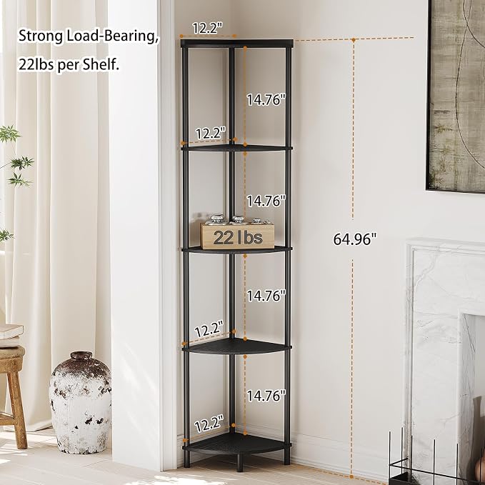 SUNMORY 5 Tier Corner Shelf Stand, Industrial 65" Corner Shelves Display Shelf - Image 2