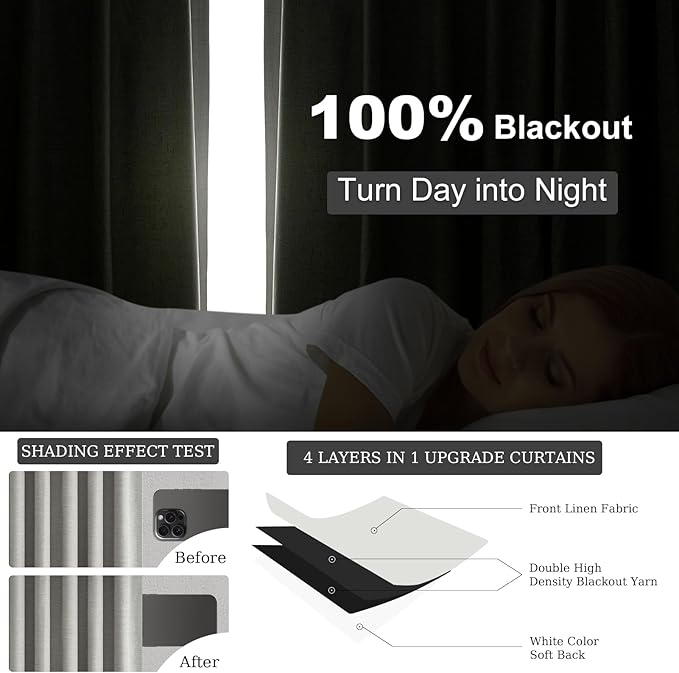 Grey Linen Blackout Curtains 95 Inch Long 2 Panels Back Tab Thermal Insulated - Image 4
