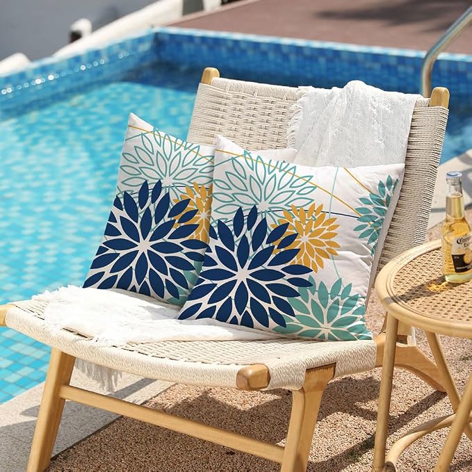 DFXSZ Dark Blue and Light Green Floral Pillow Covers 16x16 Set of 2 Outdoor - Image 2