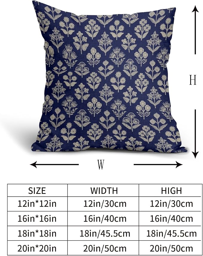 Navy Blue Floral Block Print Pillow Covers 18x18 Inch Set of 2, Vintage Flower - Image 5