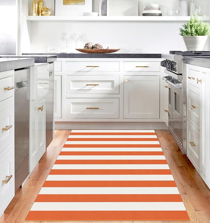 IOHOUZE Fall Door mat 4x6 Ft Orange White Striped Area Rug Washable Front Porch - Image 2