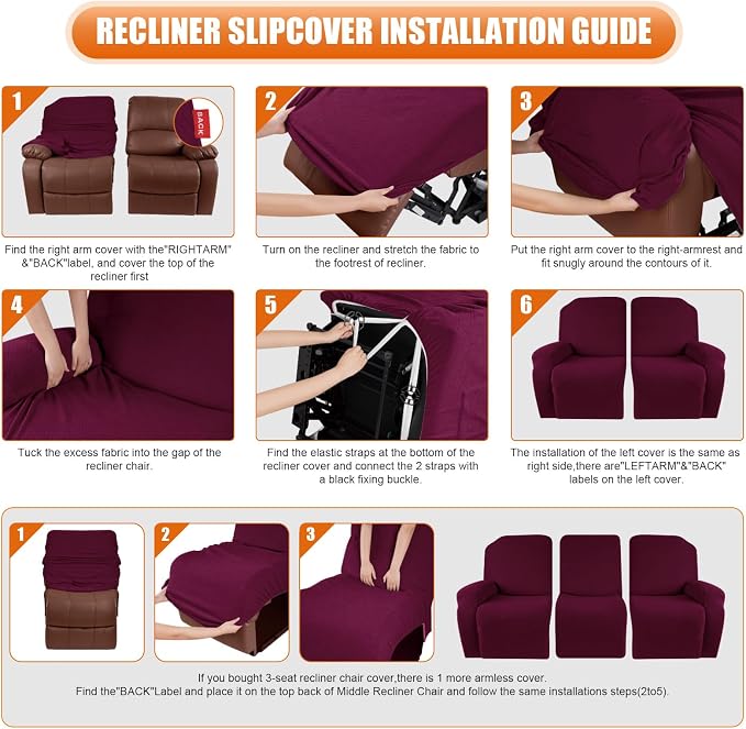 VANSOFY Recliner Cover, 3-Pieces Stretch Reclining Couch Covers - Image 6