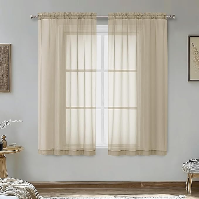 OVZME Taupe Sheer Curtains 54 Inches Long 2 Panels by OVZME