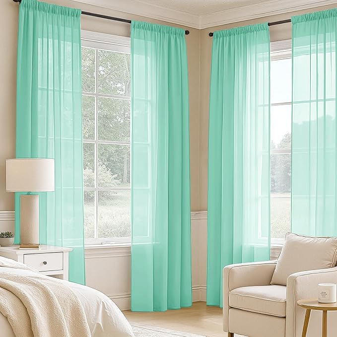MIULEE Aqua Sheer Curtains 108 Inches Long, 4 Panels Set, Light Filtering Rod - Image 2