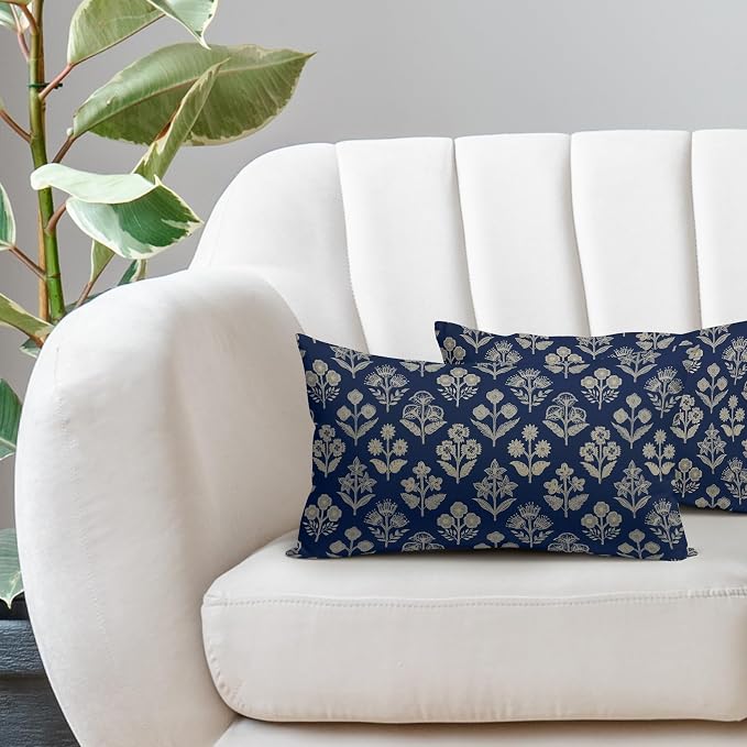 Dark Blue Pillow Covers 12x20 Inch Set of 2, Cream Floral Block Print Pattern - Image 5