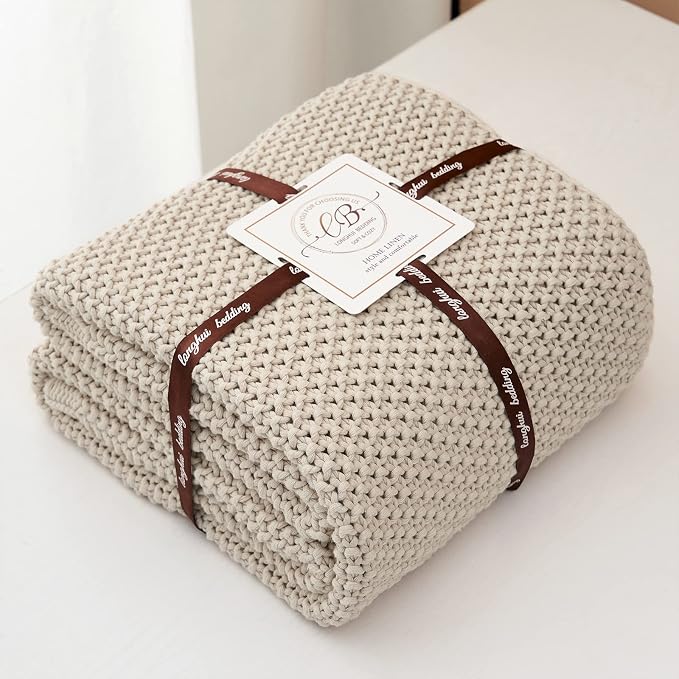 Chunky Cable Knit Throw Blanket Lightweight Beige 100% Organic Cotton Blanket - Image 6