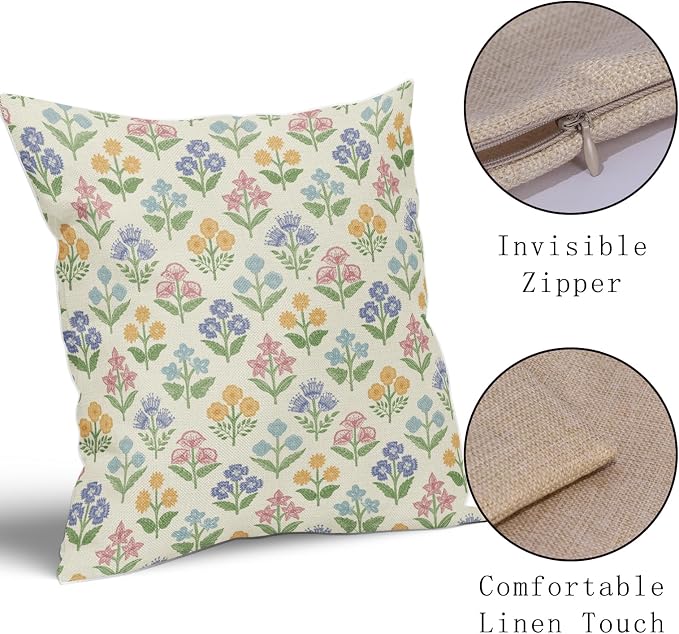 Spring Floral Easter Block Print Pillow Covers 18x18 Inch Set of 2 - Image 4