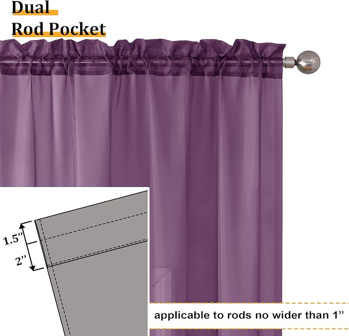 Aiyufeng Plum Purple Sheer Curtains 63 Inches Long 2 Panels Set, Solid Voile - Image 3