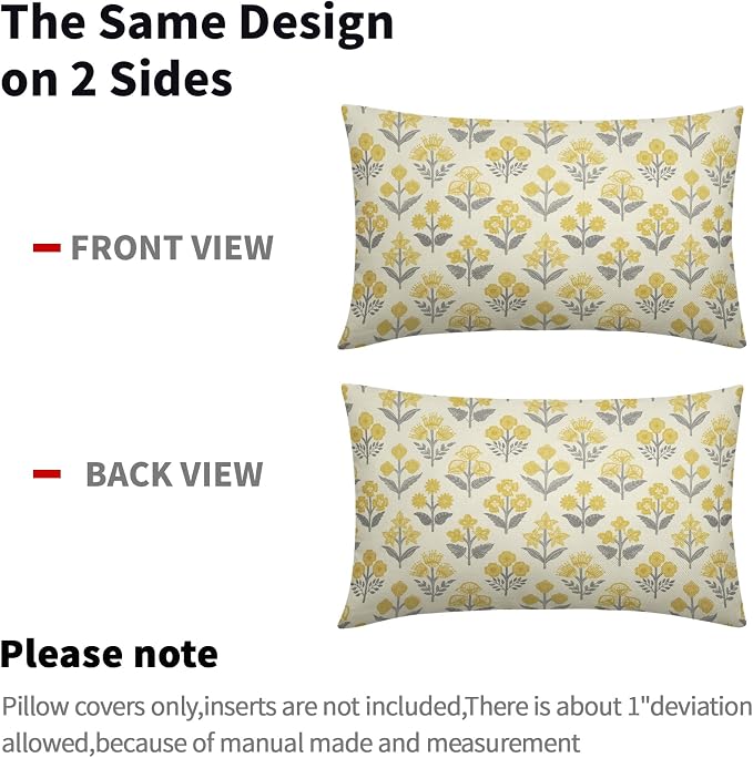 Yellow Grey Gray Floral Pillow Covers 12x20 Inch Set of 2, Block Print Lumbar - Image 4