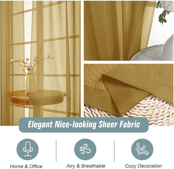 Gold Sheer Curtains for Window 96 Inches Long 2 Panels Set, Soft Airy Light - Image 4