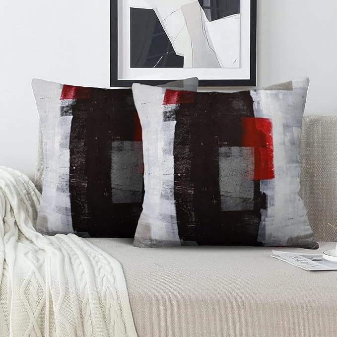 Red and Grey Pillow Cover, Modern Black White Decorative Throw Pillow Cushion - Image 2