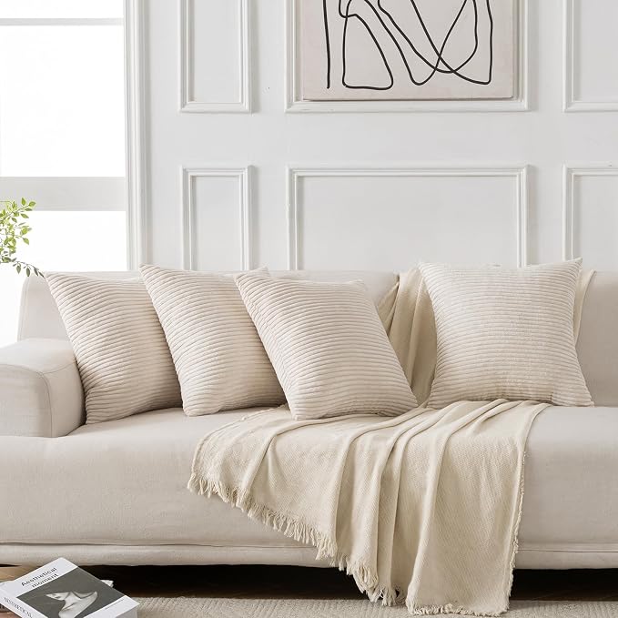 Volcanics Set of 4 Beige Cream Corduroy Decorative Couch Throw Pillow Covers - Image 6