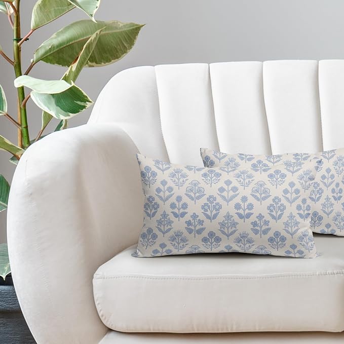 Baby Blue Floral Pillow Covers 12x20 Inch Set of 2, Vintage Flower Block Print - Image 5