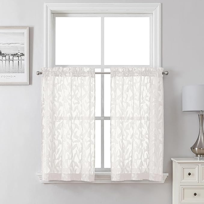 Lecloud Leia Sheer Ivory Kitchen Curtains 36 Inch Length 2 Pcs, Jacquard Leaf by Lecloud