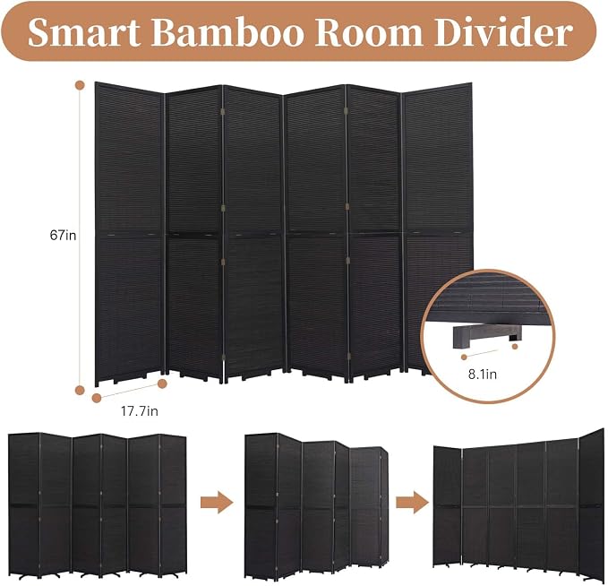Room Divider Folding Privacy Screens, Hand-Made 67'' High Bamboo Room Dividers - Image 5