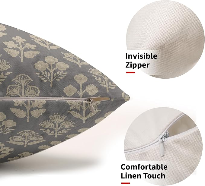 Grey Gray Pillow Covers 12x20 Inch Set of 2, Cream Floral Block Print Pattern - Image 2