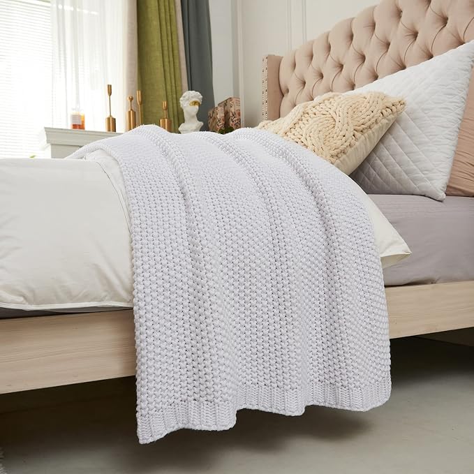 Chunky Cable Knit Throw Blanket Lightweight White 100% Organic Cotton Blanket - Image 8