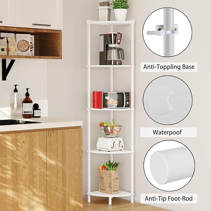 SUNMORY 5 Tier Corner Shelf Stand, Industrial 65" Corner Shelves Display Shelf - Image 3