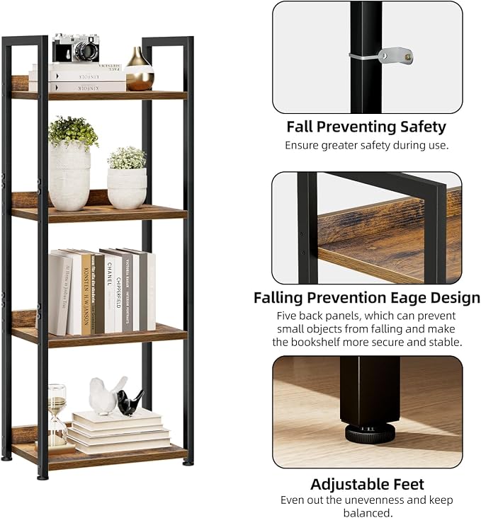 NUMENN Narrow Bookshelf, 4 Tier Bookshelves, Home Office Bookcase Shelf Storage - Image 5