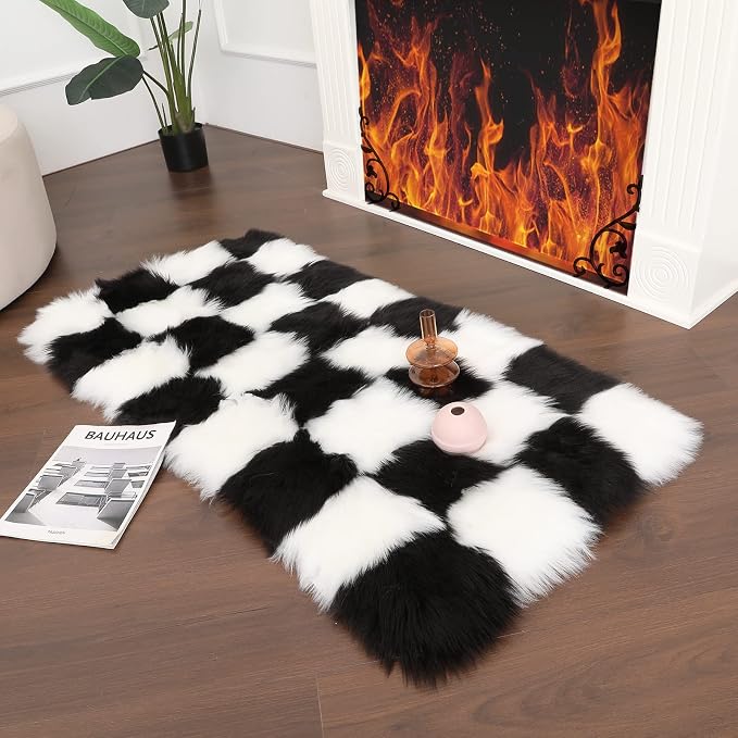 Fluffy Faux Fur Black and White Checkered Rug，Small Area Rug, 2x3 Ft Ultra Soft - Image 2