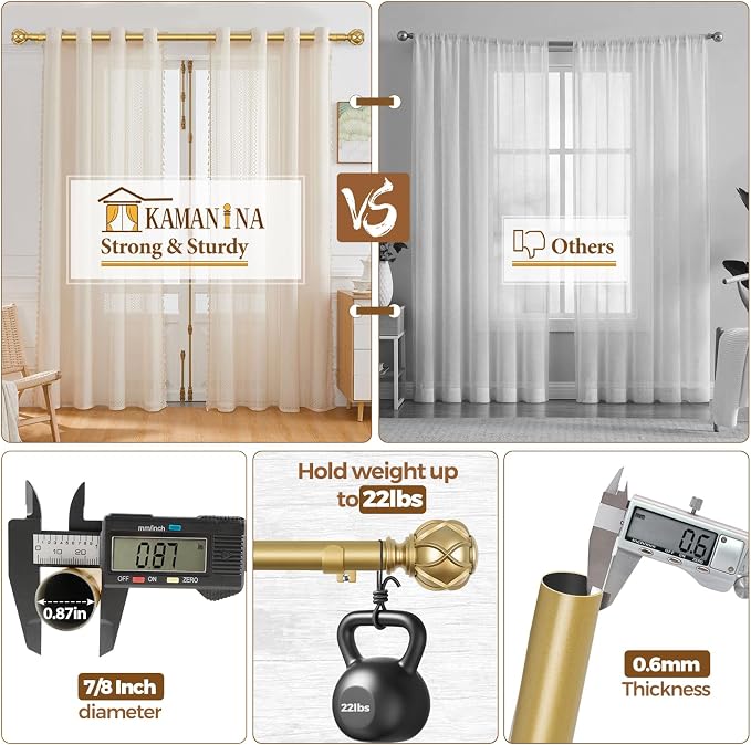 KAMANINA Gold Curtain Rod 72 to 144 Inch, Telescoping Single Drapery Rods - Image 6