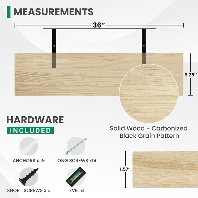 Solid Wood Floating Shelves For Wall, 36”W x 9”D x 1.56”H Large Wall Shelves - Image 2