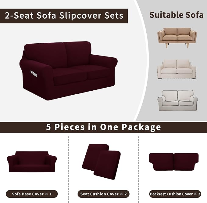 Easy-Going 5 Pieces Stretch Loveseat Cover Washable Loveseat Slipcover Set - Image 3