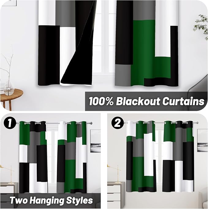 Tyrot Green 100% Blackout Curtains 45 inch Length 2 Panels Set White Grey - Image 2