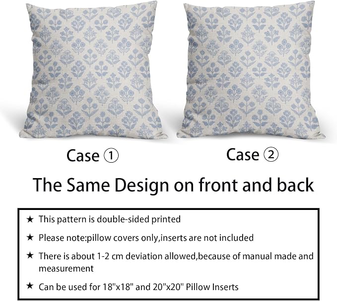 Baby Blue Floral Pillow Covers 22x22 Inch Set of 2, Vintage Flower Block Print - Image 6
