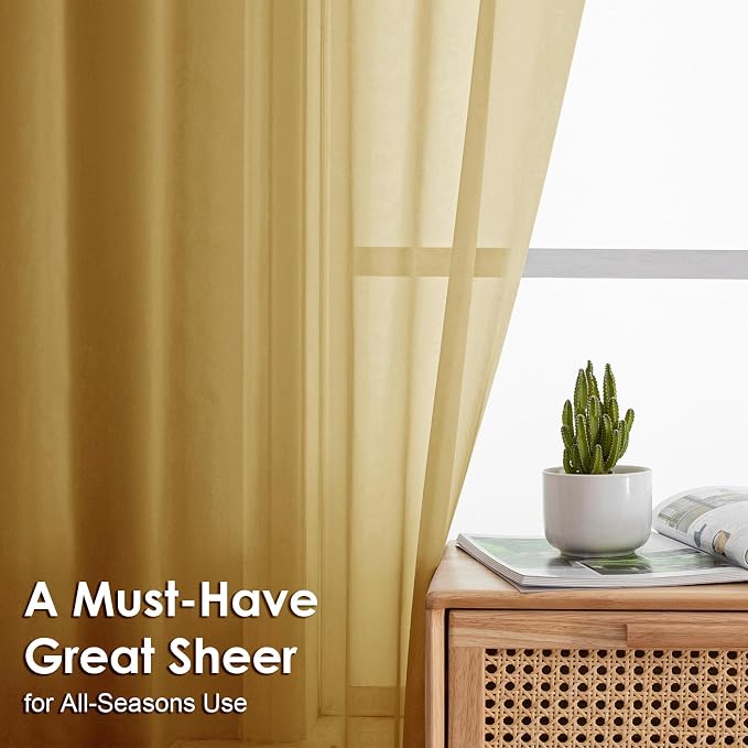 OVZME Gold Sheer Curtains 54 Inches Long 2 Panels - Image 2
