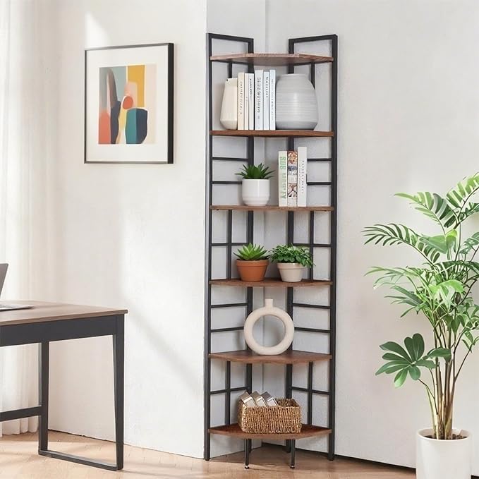 HOMISSUE Corner Shelf, 6 Tier Tall Narrow Bookshelf 76.9", Industrial Corner - Image 3