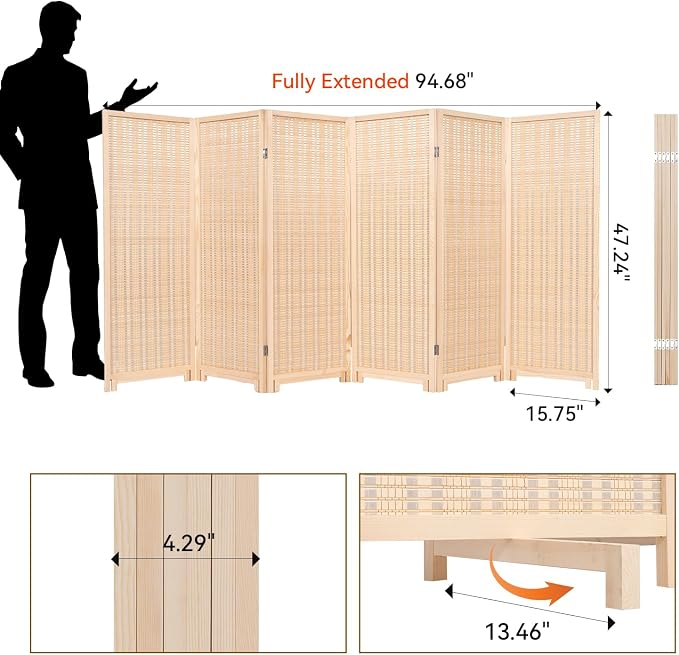 Bamboo Room Divider Panel with 360°Rotating Feet, 6 Panel 47" H Short Folding - Image 3