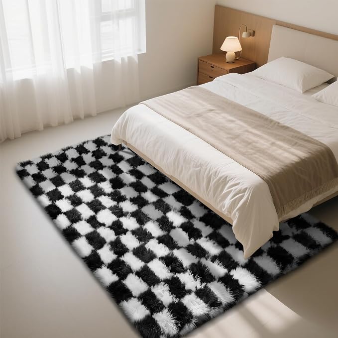 Checkered Rug for Bedroom, 5x8 Black and White Area Rugs, Classic Checkered - Image 2