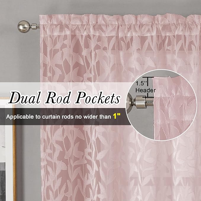 Lecloud Leia Clip Blush Pink Sheer Curtains 84 Inch Length 2 Panels, Jacquard - Image 2