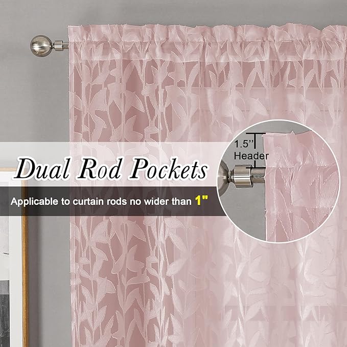 Lecloud Leia Blush Pink Sheer Curtains 90 Inches Long 2 Panels Set, Breathable - Image 2