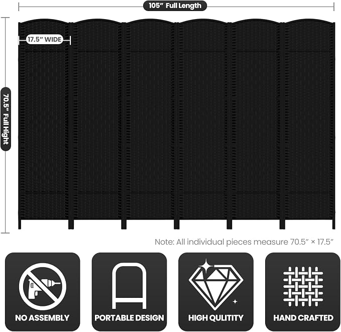 6 Panel Room Divider, 6Ft Folding Privacy Screen, Tall - Image 3