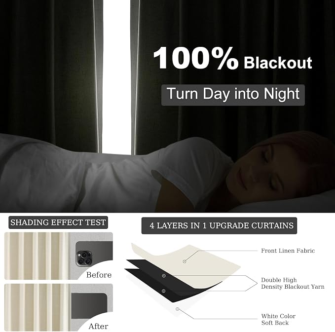 Cream Extra Long 132 Inch 100% Blackout Curtains - Image 6