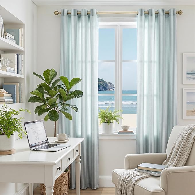 jinchan Linen Curtains for Living Room Aqua Blue on White Striped Curtains for - Image 4
