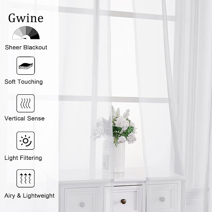 Gwine White Sheer Curtains 120 Inches Long 2 Panels Set, Extra Long Sheer White - Image 2