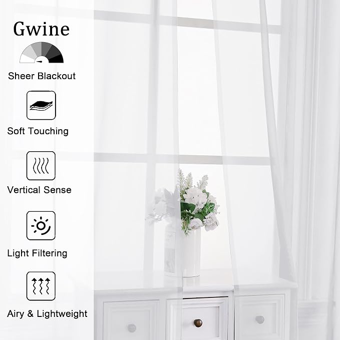 Gwine White Sheer Curtains 68 Inches Long 2 Panels Set, Light Filtering Sheer - Image 2