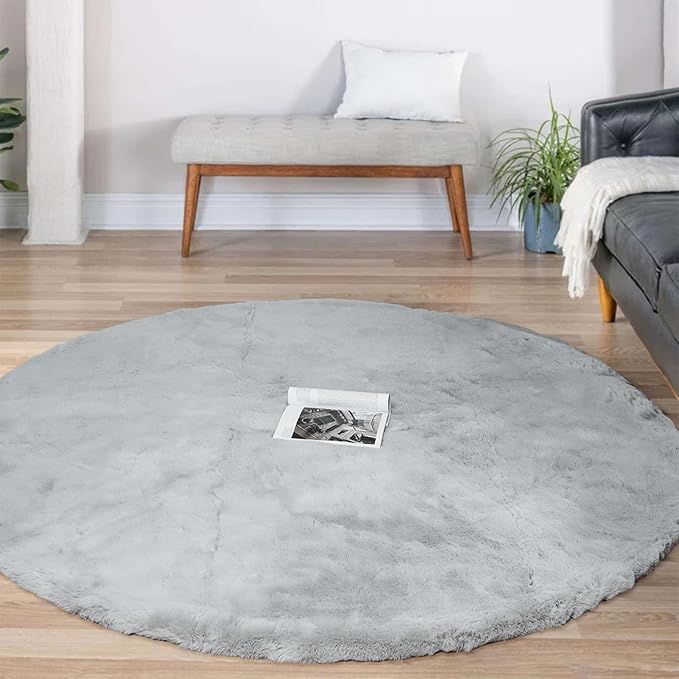 Latepis 6ft Circle Grey Area Rug Large Fluffy Round Rug Washable Faux Rabbit by Latepis
