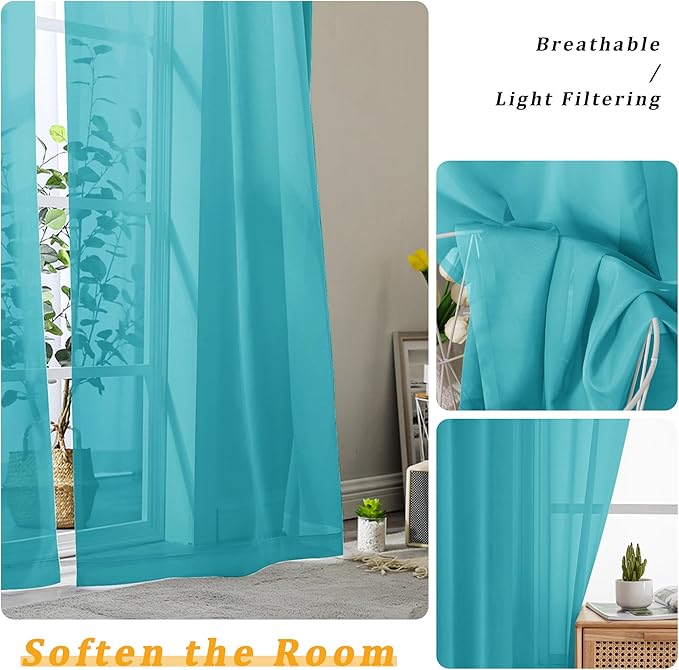 Gwine Turquoise Sheer Curtains 84 Inches Long 2 Panels Set - Image 3