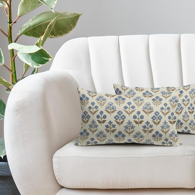 Brown Blue Floral Pillow Covers 12x20 Inch Set of 2, Block Print Lumbar Flower - Image 5