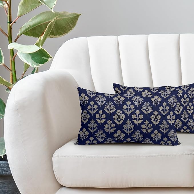 Navy Blue Pillow Covers 12x20 Inch Set of 2, Cream Floral Block Print Pattern - Image 5