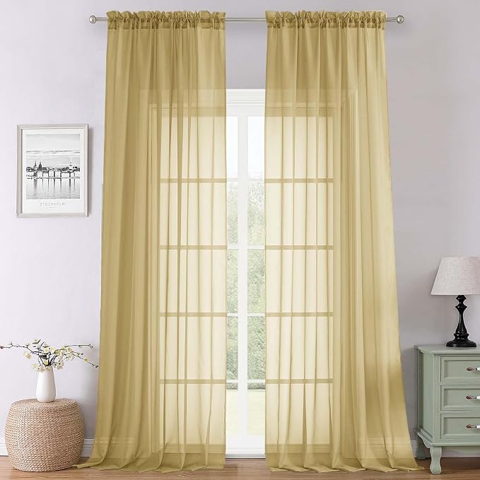 Lecloud Gold Sheer Curtains 108 Inches Long 2 Panels, Dual Rod Pocket Light by Lecloud