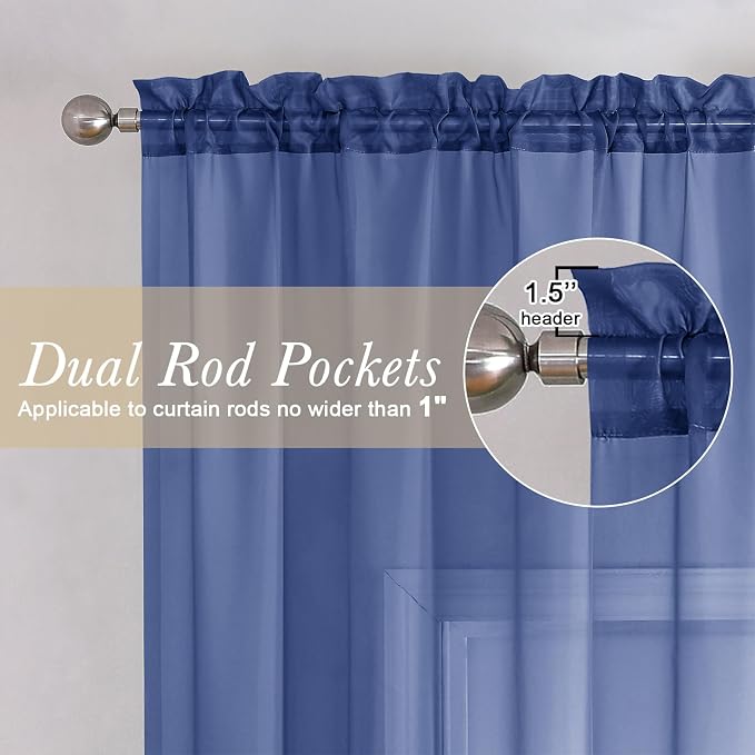 Lecloud Royal Blue Sheer Curtains 45 Inch Length 2 Panels, Voile Rod Pocket - Image 2