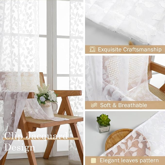 Chyhomenyc White Sheer Curtains 63 Inch Length 2 Panels Set, Light Filtering - Image 7
