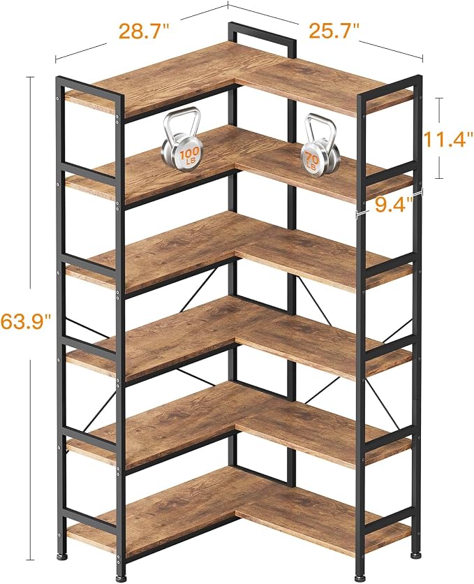 Casaottima Corner Bookshelf 6 Tier, 64 Inches Reversible Book Shelf - Image 3